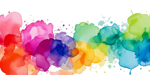 Vibrant watercolor rainbow paint splashes banner on white background