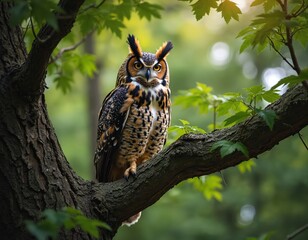 Great horned owl sits on a thick tree branch in a forest. Green leaves surround the bird. Owl looks directly at camera with yellow eyes. Natural background with soft bokeh.