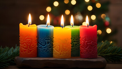 Five colorful lit candles on a festive background with bokeh lights
