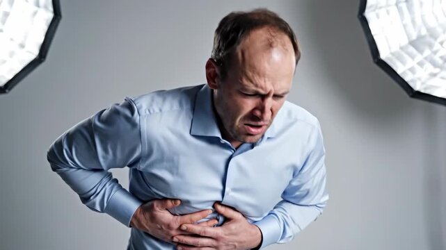 Man Experiencing Severe Stomach Pain Clutching His Abdomen In Studio Setting