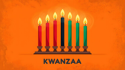 Seven lit candles on a kinara for kwanzaa celebration on orange background