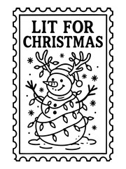 christmas funny snowman postage stamp vector illustration with snowman wrapped in holiday lights wearing antlers in winter scene for stickers cards coloring pages posters labels and festive crafts