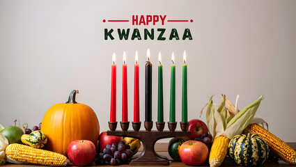 Happy kwanzaa celebration with kinara and harvest fruits and vegetables