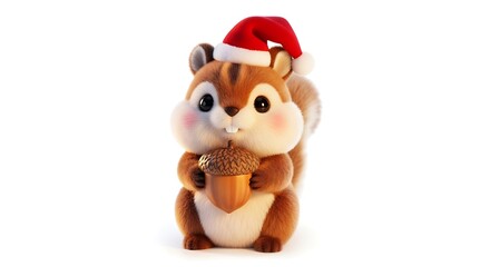 Festive Squirrel with Acorn and Santa Hat on White Background.