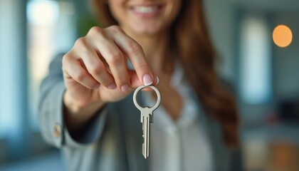 Smiling woman holds house key, ready to unlock new home. Real estate agent gives keys for property. Successful purchase transaction closing, move in day.