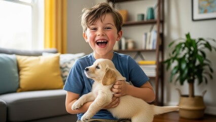 Happy young boy with puppy in living room smiling joyfully