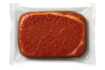 Raw beef steak vacuum packed in clear plastic for freshness, preserving meat in a transparent packaging