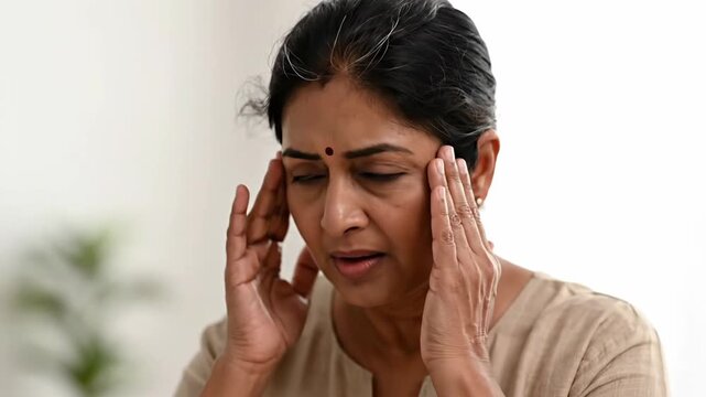 Serious Woman with a Headache in Pain Touching Her Temples, Indoor, Close Up View