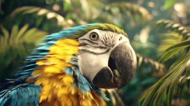 Close up of a colorful parrot in a lush green environment