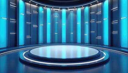 Empty modern virtual studio setup in blue colors. Platform stage with neon lights. Background for news program, presentation tech conference. Clean backdrop for broadcasting production. Show room