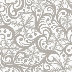 WHITE VECTOR SEAMLESS BACKGROUND WITH GREY SNOWFLAKES AND FROSTY PATTERN