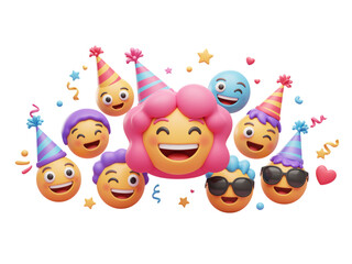 Fototapeta premium A group of happy emojis wearing party hats and celebrating a birthday or special event with confetti