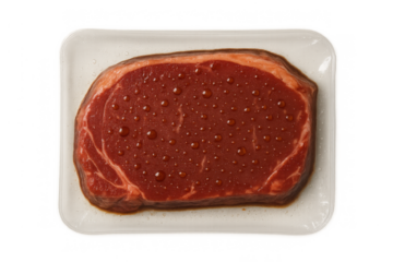 Raw beef steak in retail packaging on transparent background, showcasing fresh meat for cooking and consumption