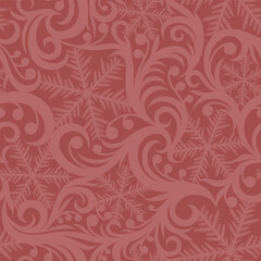 CORAL RED VECTOR SEAMLESS BACKGROUND WITH SNOWFLAKES AND FROSTY PATTERN
