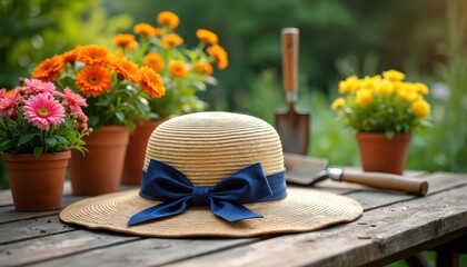 Straw sun hat with blue ribbon bow rests on rustic wooden garden table. Vibrant pink, orange, yellow flowers bloom in terracotta pots. Gardening tools nearby. Lovely bright warm summer day outdoors