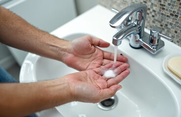 Person washes hands with soap under running water. Hand hygiene prevents spread of virus. Hand washing important for health care during a pandemic. Healthcare worker cleans hands at the sink.