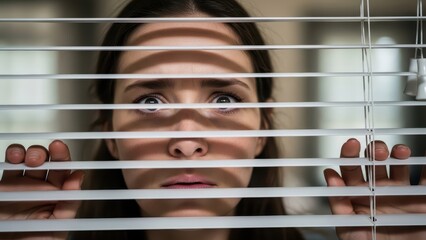 Young female looking through blinds with anxious expression at home