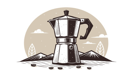 Enjoy the invigorating aroma of freshly brewed coffee with this espresso maker set against a serene mountain backdrop, ideal for coffee lovers