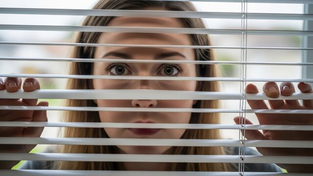 Curious young adult female peeking through window blinds with focused expression