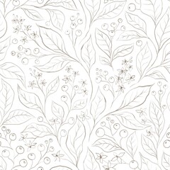 SEAMLESS WHITE BACKGROUND WITH SILHOUETTES OF BEIGE FLOWERING BRANCHES AND BERRIES, DIGITAL ILLUSTRATION WITH PASTEL BRUSHES