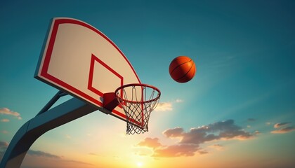 Orange ball flies to hoop against bright sky. Concept of basketball game outdoors. Teamwork activity. Sports competition. Skill and power. Outdoor playfield in the evening. Sky at the sunset.