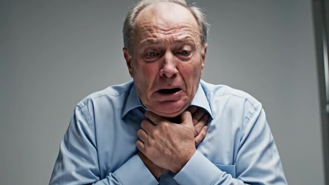 Shocked And Stressed Elderly Man Struggles To Breathe While Gripping His Throat