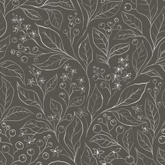 OLIVE GREEN SEAMLESS BACKGROUND WITH SILHOUETTES OF WHITE FLOWERING BRANCHES AND BERRIES, DIGITAL ILLUSTRATION WITH PASTEL BRUSHES