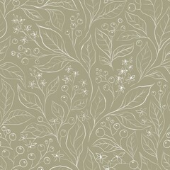 OLIVE BEIGE SEAMLESS BACKGROUND WITH SILHOUETTES OF WHITE FLOWERING BRANCHES AND BERRIES, DIGITAL ILLUSTRATION WITH PASTEL BRUSHES