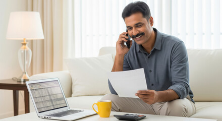 Cheerful middle‑aged Indian man talking on the phone while reviewing financial documents with a spreadsheet open on his laptop