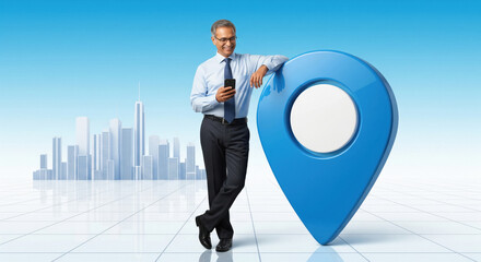 Indian business professional standing in a futuristic cityscape, using a smartphone and leaning on a large blue location pin symbol
