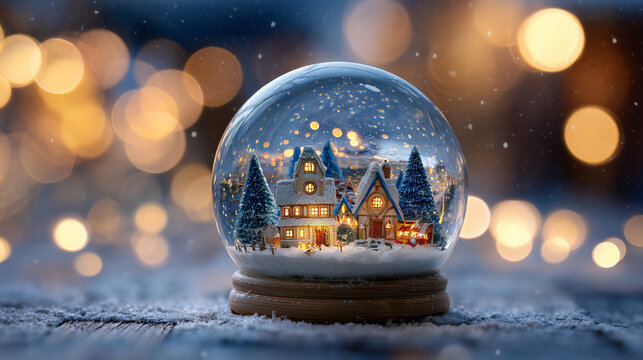 Winter Snow Globe With Cozy Miniature Village Inside Glass Dome and Warm Lights