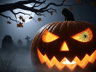 Noche de lluvia, luna y ramas del cementerio y calabaza de Halloween.
