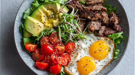 Colorful Salad Bowl With Avocado, Cherry Tomatoes, Steak, And Sunny Side Eggs
