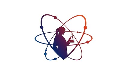 Silhouette of a woman holding a flask within an atomic orbit diagram
