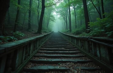 Ancient stone staircase climbs through green forest shrouded in mist. Old leaf-covered steps create mysterious path into unknown. Spooky, forgotten way disappears into foggy woods, lonely journey