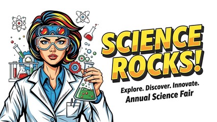 Science rocks annual science fair poster with woman scientist