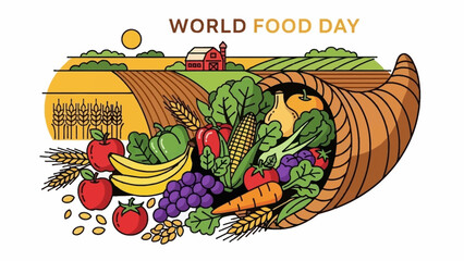 World Food Day illustration with cornucopia overflowing with fruits and vegetables.