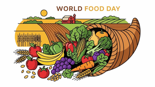 World Food Day illustration with cornucopia overflowing with fruits and vegetables. - Powered by Adobe