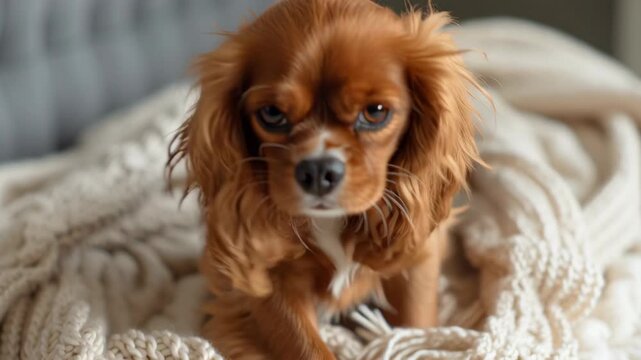 A small brown dog is sleeping on a blanket. The blanket is white and has a lot of fringes. Cavalier King Charles Spaniel curled up in minimal winter decor, gentle warm tone