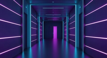 Interior hallway design illuminated with contrasting neon light strips in vibrant purple and cyan