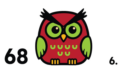 Naklejka premium Cute cartoon owl illustration with numbers sixty eight and six.