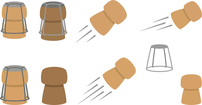 Champagne corks and wire cages vector set, flying cork elements for celebration