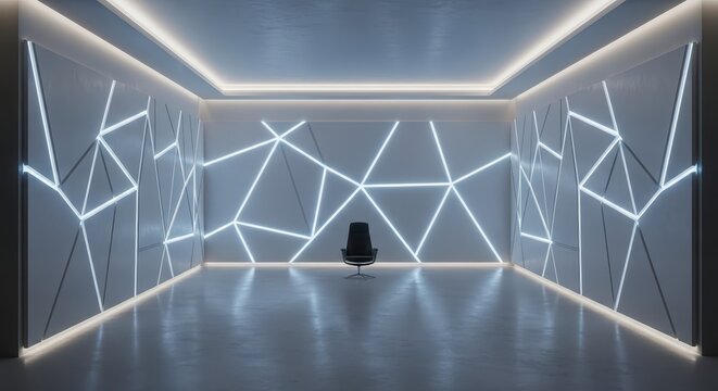 Modern interior space features illuminated geometric wall panels and a single contemporary chair - Powered by Adobe