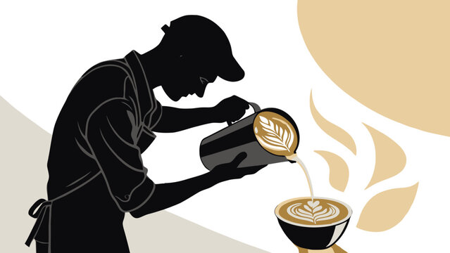 Skilled barista pouring beautiful latte art design in coffee cup, modern cafe setting, artistic coffee preparation, cappuccino creation, coffee shop culture