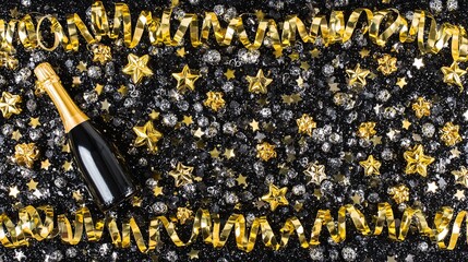Champagne bottle with gold streamers and confetti on a dark background.
