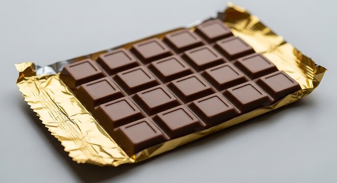 A delicious milk chocolate bar, unwrapped and ready to be enjoyed, showcasing its segmented squares on a shiny golden foil wrapper - Powered by Adobe