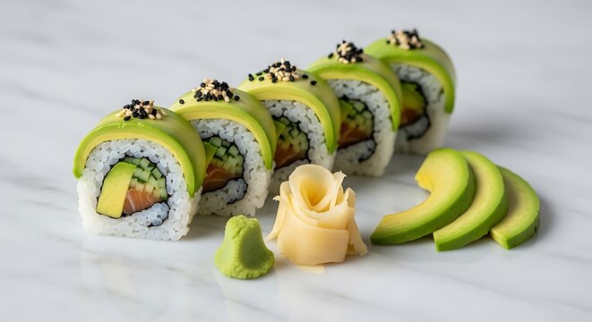 Fresh avocado sushi rolls with ginger and wasabi on marble surface