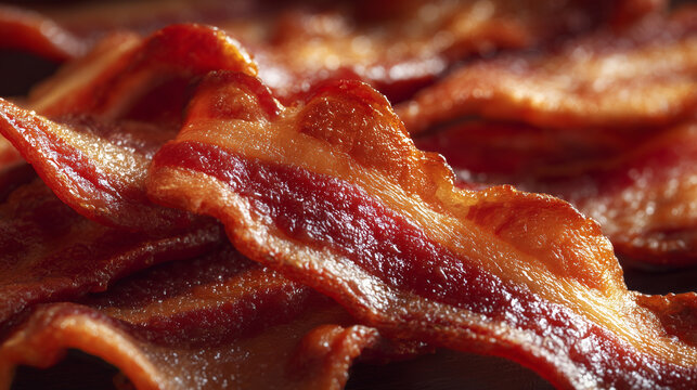 Crispy Bacon Close-Up: Sizzling Pork Strips With Rich Fat and Red Glaze, Breakfast Favorite