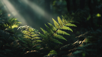 Sunlit Ferns in a Mysterious Forest: Serene Green Leaves, Gentle Light, and Quiet Nature
