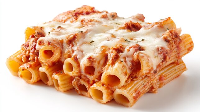 Overhead image of Italian pasta al forno baked rigatoni marinara sauce mozzarella and Parmesan displayed on a pure white background for clean culinary photography